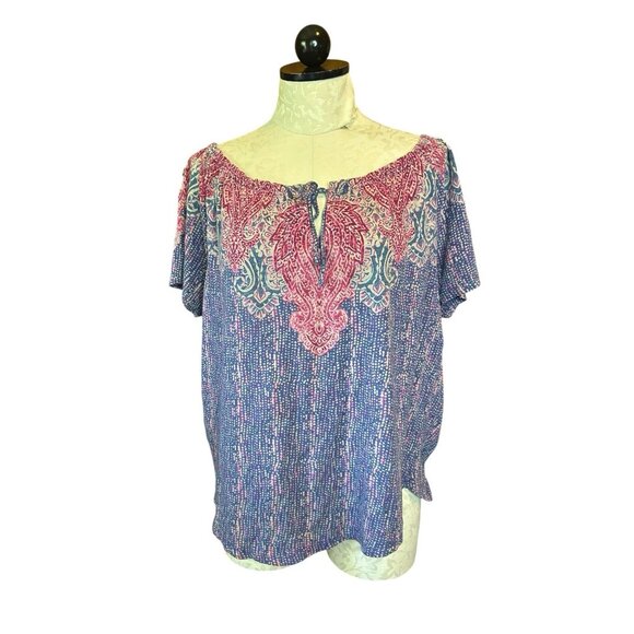 Lucky Brand Blouse Top Lightweight Short Sleeve Front Tie Blue & Print Boho Sz L - Picture 1 of 8